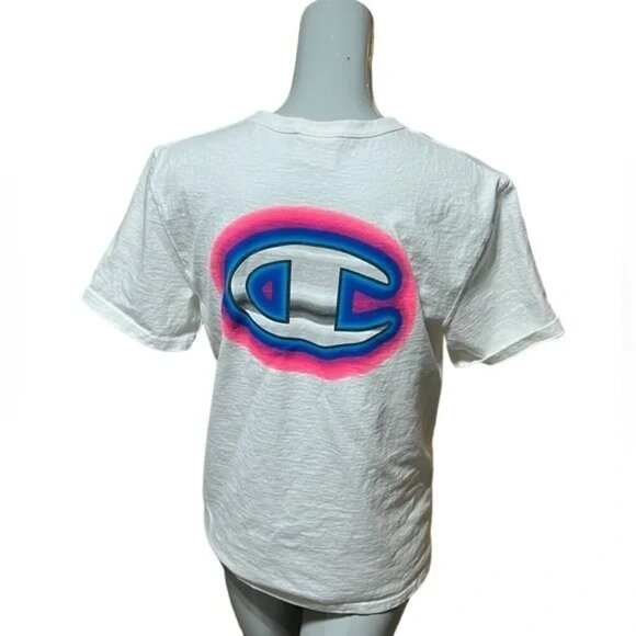 Champion White Spray Paint Logo Retro Crewneck T-shirt - Picture 4 of 4
